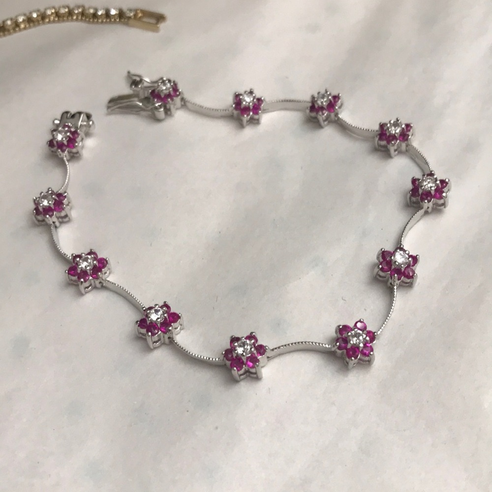 Sterling Silver Pink Flower Tennis Bracelet with Clear Accents LR